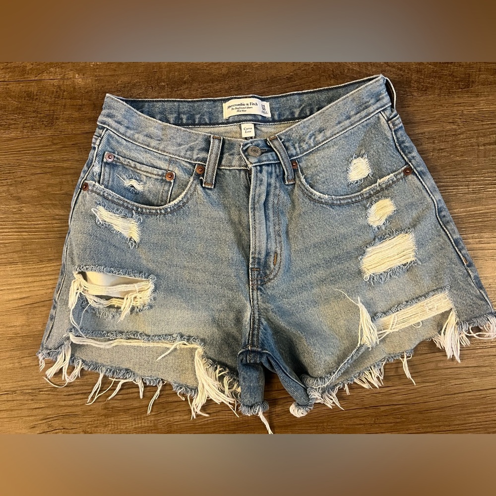 Abercrombie & Fitch The Mom High Rise Curve Love Stretch Blue Jean Shorts 24 H27